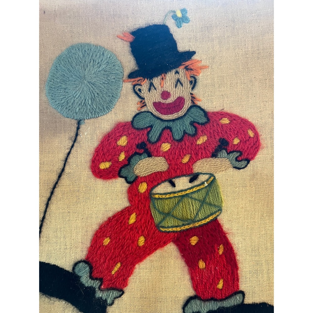 Vintage Crewel Embroidery Clown‎ 11x14 Red Blue Hand Stitched Circus Folk Art